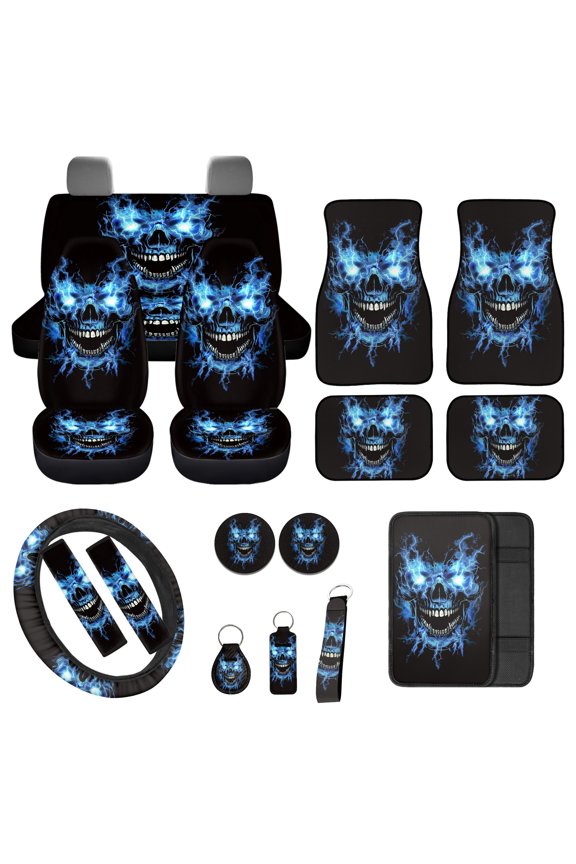 Gothic Skull Car Seat Covers Front and Back Full Set with Floor Mats Steering Wheel Cover Center Console Pad Seat Belt Pad Cup Coasters Keychain Lipstick Holder Blue Black