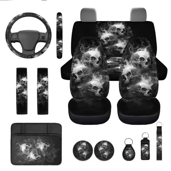 Jeiento Gothic Skull Car Seat Covers Front Rear Split Bench Full Set Steering Wheel Seat Belt Pads Armrest Pad Coasters Keychain, 13 PCS Auto Interior Accessories Universal Fit for Most Vehicles