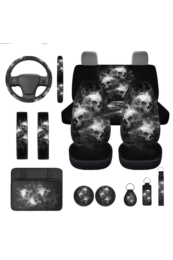 Gothic Skull Car Seat Covers Front Rear Split Bench Full Set Steering Wheel Seat Belt Pads Armrest Pad Coasters Keychain, 13 PCS Auto Interior Accessories Universal Fit for Most Vehicles