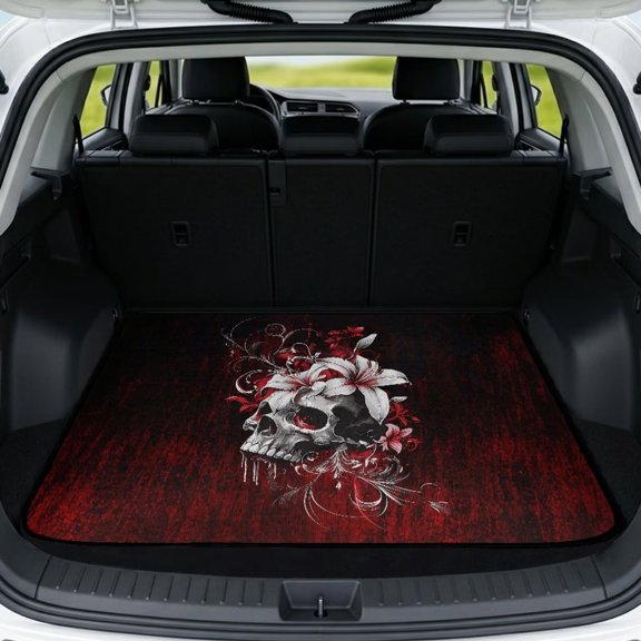 Jeiento Gothic Skull Flower Car Trunk Mat 29"x39", Wipeable Easy Clean All Weather Cargo Liner Rear Trunk Protection Mat for Travel