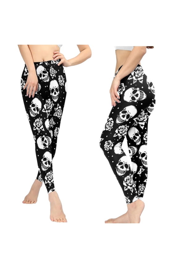 Gothic Skull Women's High Waisted Yoga Pants Stretch Leggings Rose Soft Tummy Control Workout Running Gym Yoga Pants for Teen Girls, Black, Size L