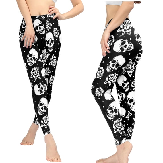 Jeiento Gothic Skull Women's High Waisted Yoga Pants Stretch Leggings Rose Soft Tummy Control Workout Running Gym Yoga Pants for Teen Girls, Black, Size XS