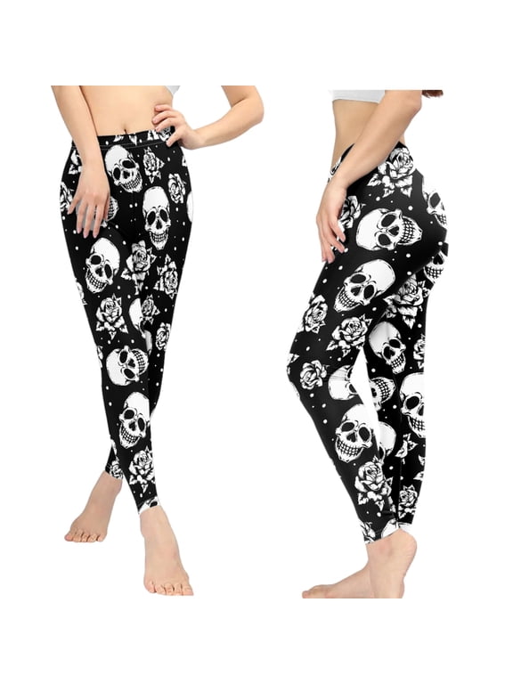 Gothic Skull Women's High Waisted Yoga Pants Stretch Leggings Rose Soft Tummy Control Workout Running Gym Yoga Pants for Teen Girls, Black, Size XS