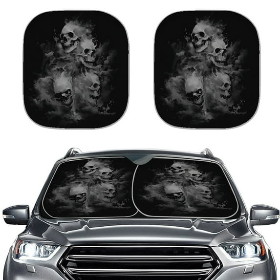 Jeiento Gray Skull Print Car Sun Shade Windshield 2 Pack Foldable Automotive Interior Accessories for Sun Protection Easy Installation Heat Reflector-Keep Your Vehicle Cool Fit Most Car