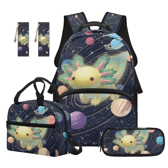 Jeiento Green Axolotl Backpack and Lunch Box Set for Elementary Boys & Girls 4 Piece Water-Resistant Large Capacity Backpack, Lunch Bag, Pencil Case and 2 Bookmarks