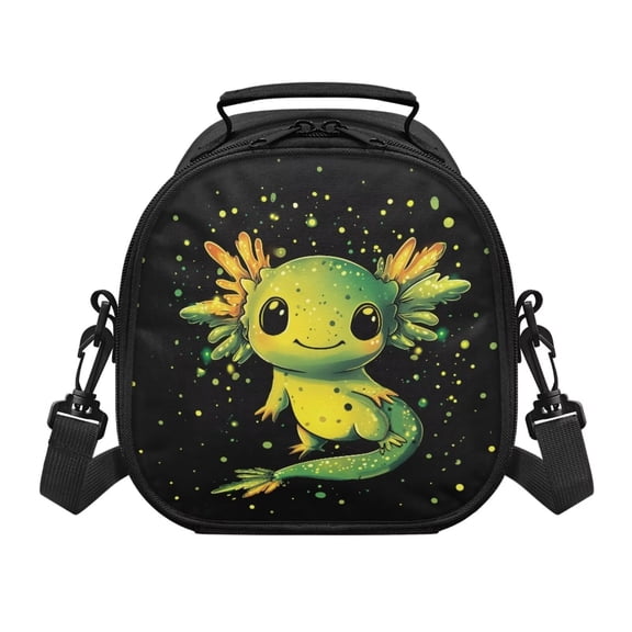 Jeiento Green Axolotl Kids Mini Lunch Bag with Crossbody Strap Insulated Lunch Bag Food Snack Cooler Container Bag for Girls