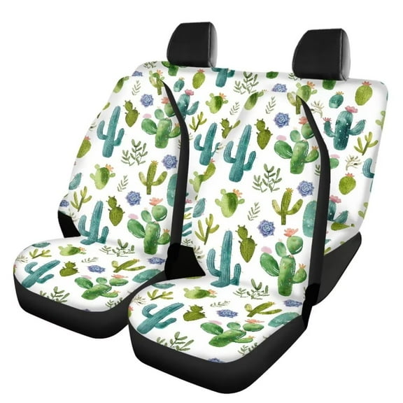 Jeiento Green Cactus Car Interior Seat Cover 4pcs Set Floral Flowers Front Seat Protectors&Split Bench Back Seat Covers Full Wrap Backrest Protective Cover Fit for Most Cars SUVs Trucks Vans