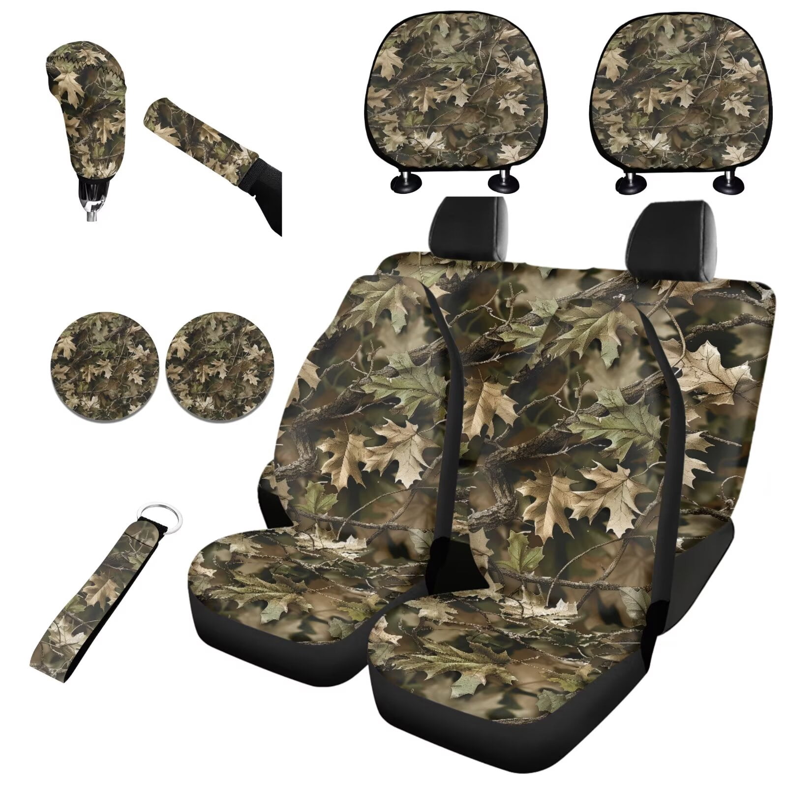 Jeiento Green Camo Hunting Car Seat Covers Full Set with Headrest Covers, Auto Keychain Holder, Cup Coasters, Gear Shift Cover, Handbrake Cover, 11 Piece Automobile Interior Sets