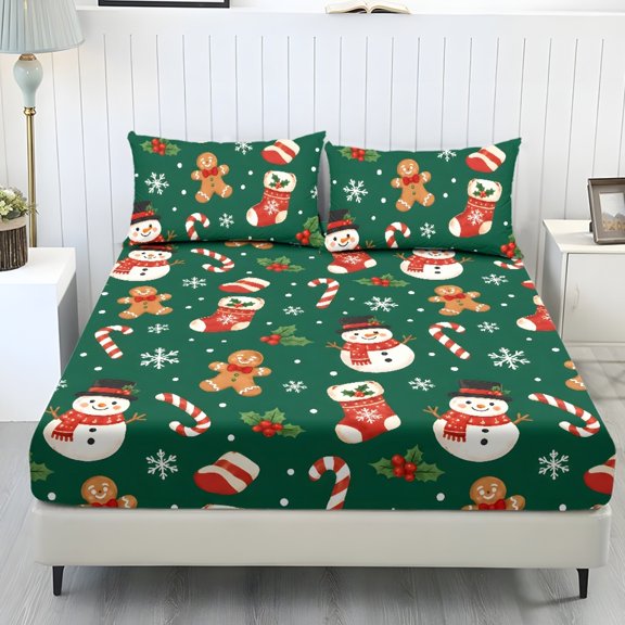 Jeiento Green Christmas Snowman Print Bedding Set with 2 Pillowcases & 1 Deep Pocket Fitted Sheet, Soft Breathable Bed, Wrinkle Resistant Festive Bed Linen Collection