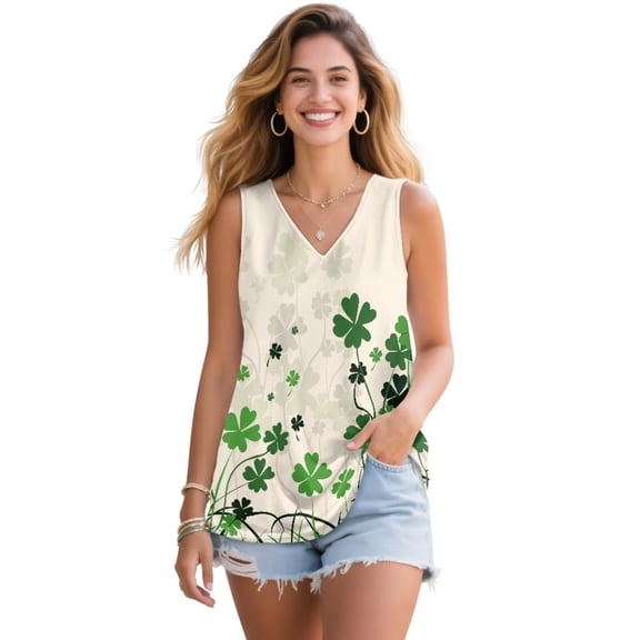 Jeiento Green Leaf Workout Tank Tops for Women St Patrick's Day Summer Casual Basic Slim Fit Tops Loose Fit V Neck Sleeveless Tshirt Soft Pleated Tunic Shirts Athletic Golf Outfits,S