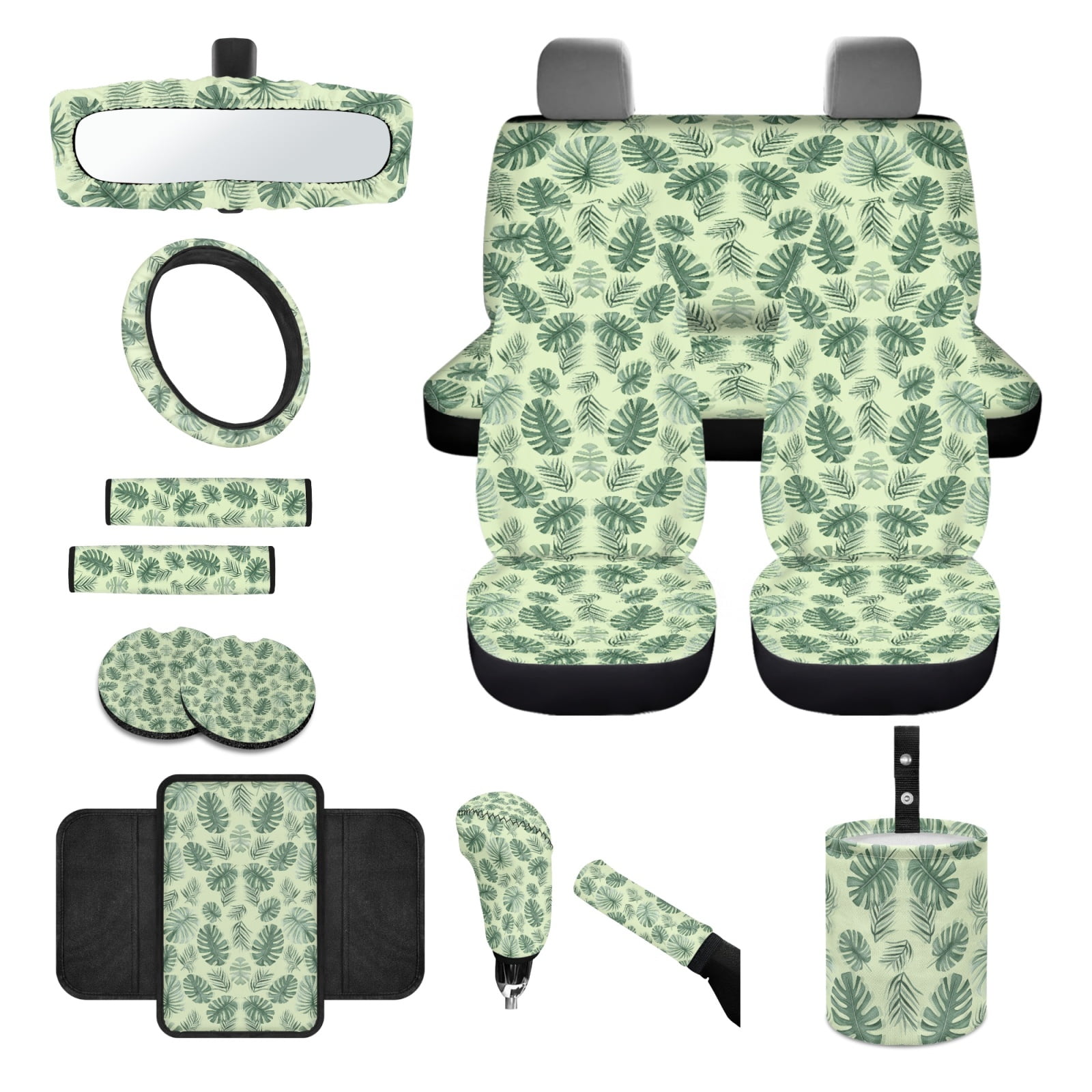 Jeiento Green Leaves 14 PCS Car Seat Cover Full Set with Auto Steering Wheel Cover Seat Belt Strap Pads Cup Coasters Trash Bag Rearview Mirror Cover Armrest Cover Pad Handbrake Cover Set Accessory