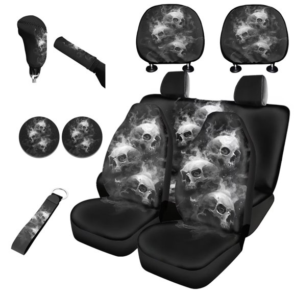 Jeiento Grey Gothic Skull Auto Seat Cover Sets with Cup Coaster, Headrest Cover, Handbrake and Gear Shift Knob Cover, 11 Pack Universal Automobile Interior Accessories