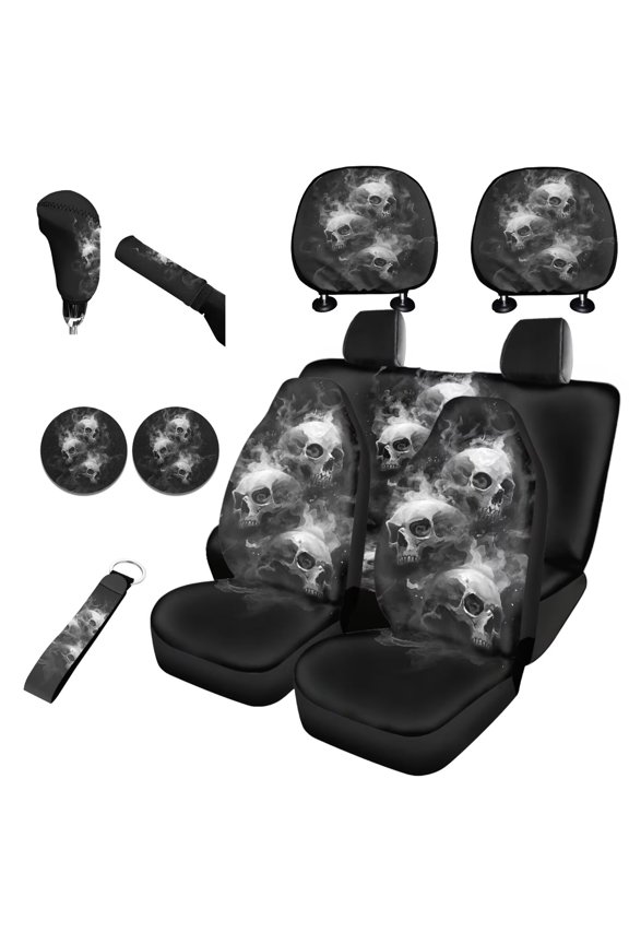 Grey Gothic Skull Auto Seat Cover Sets with Cup Coaster, Headrest Cover, Handbrake and Gear Shift Knob Cover, 11 Pack Universal Automobile Interior Accessories