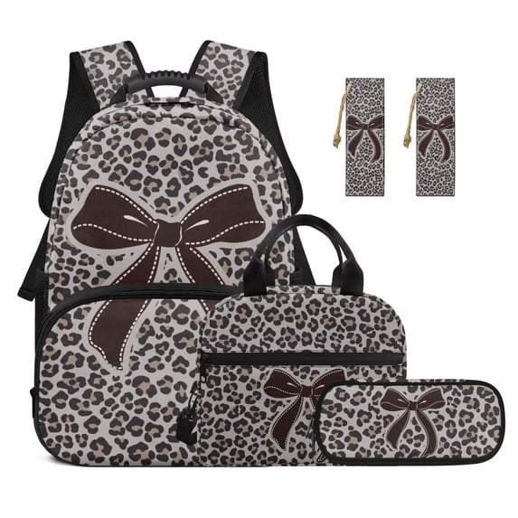 Jeiento Grey Leopard Bow 17 Inch 4-Piece Matching Backpack Set, Lightweight Large Capacity School Bookbag Suitable for Boys and Girls