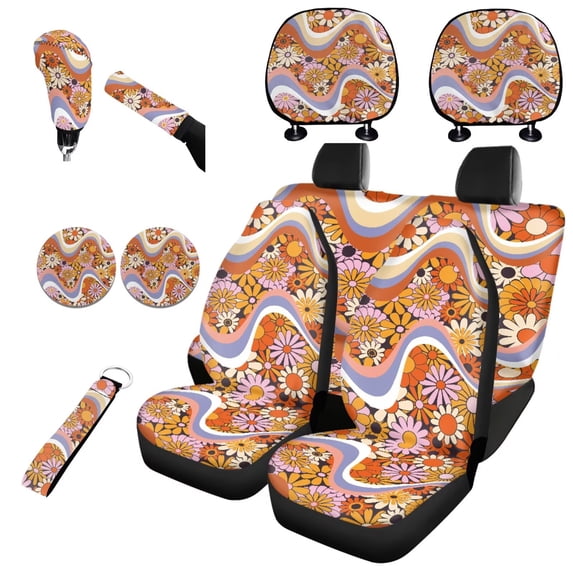Jeiento Groovy Vintage 60s 70s Hippie Flower 11 Pack Car Seat Covers for Women, Front Rear Seats Cover Keychain Headrest Cover Cup Coasters Handbrake Cover Gear Shift Cover Auto Acccessories