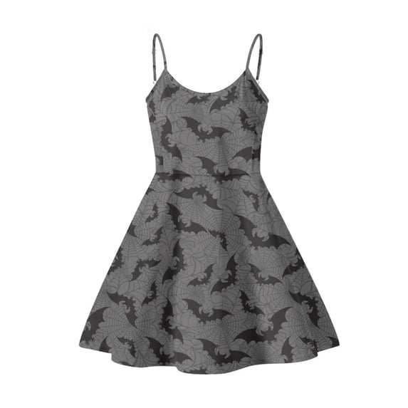 Jeiento Halloween Bats Dress for Women Sleeveless Summer Dresses Casual Spaghetti Strap Dresses Gray A Line Pleated Flowy Swing Mini Sundress, Size 3XL