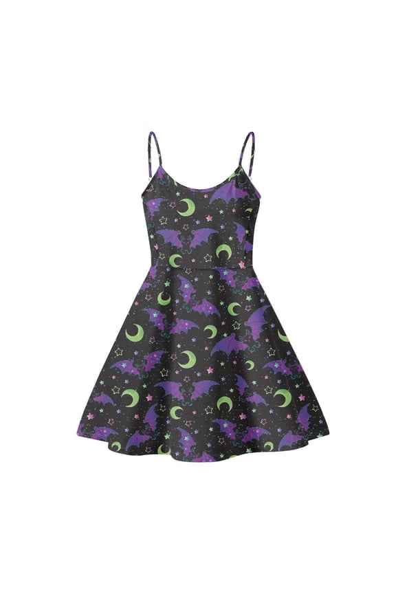 Halloween Dress for Women Formal Dresses Fashion Dress Summer Casual Beach Swimsuit Purple Bats Moon Print Spaghetti Strap Sundres for Girls, Size L