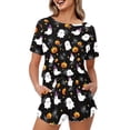 thumbnail image 1 of Jeiento Halloween Pajamas for Women 2 Piece Short Sleeve Shirts and Pants Spooky Ghost Ladies Sleeping Outfits Teens Soft Sleepwear Set High Elastic Lounge Wear Tops Bottoms Easy Clean, Size 4XL, 1 of 7