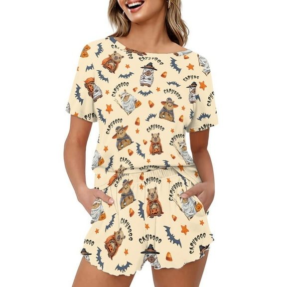 Jeiento Halloween Pajamas for Women Cute Capybara Women's Pajamas Set 2 Piece Summer Short Sleeve Sleepwear with Pockets Comfortable Loungewear Pjs Top Shorts, Size 2XL