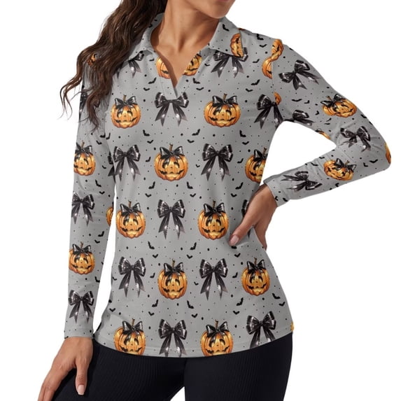 Jeiento Halloween Pumpkin Bow Women's Golf Shirts, Long Sleeve Fall Athletic Tops, V Neck Moisture Wicking Quick Dry Sun Protection Top for Halloween, Golf and Outdoor Travel