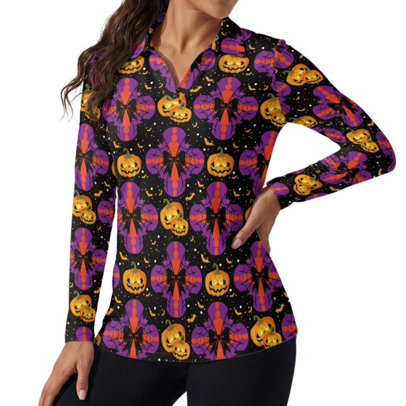 Jeiento Halloween Spider Pumpkin Women's Golf Shirts, Long Sleeve Athletic Tops for Outdoor Travel, Gym, Daily Workout