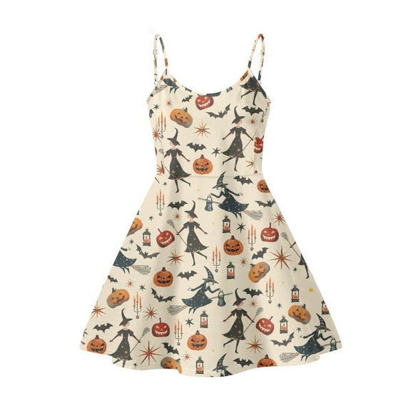 Jeiento Halloween Women Summer Dress Sleeveless Sundress Flowy Midi Tank Dress with Spaghetti Strap Witch Pumpkin Print A-Line Swing Sun Dress Skirt, Size XS