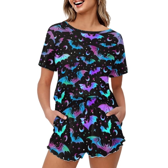 Jeiento Halloween Women's Short Sleeve Sleepwear Sets Soft Pajamas Lounge Set Loungewear Purple Bats Comfy Pjs Top Loose Fit Shorts Size S