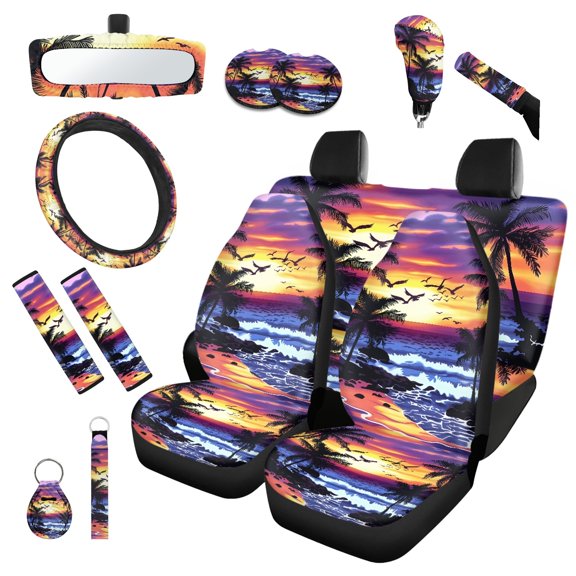 Jeiento Hawaii 14 PCS Car Seat Cover Full Set, with Steering Wheel Cover Beach Style Seat Belt Pad Cover Rear View Mirror Cover Cup Holders Keychain Gear Shift Knob Cover Set Car Decoration