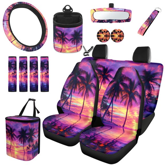 Jeiento Hawaii Palm Tree Car Seat Cover Full Set Automotive Steering Wheel Covers Auto Seatbelt Pads Coaster Trash Can Air Vent Holder Rear View Mirror Cover Car Coasters Keychain 15 Packs