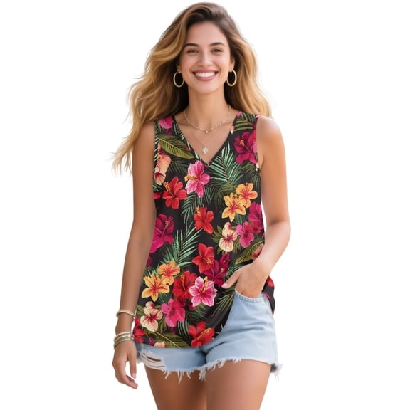 Jeiento Hawaiian Tropical Floral Tank Tops for Women Trendy Sleeveless Tunic Tops Casual V Neck Blouse Loose Fit Ladies Flowy Pleated Shirts Athletic Workout Golf Outfits,2XL