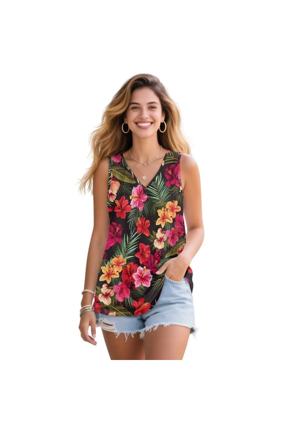 Jeiento Hawaiian Tropical Floral Tank Tops for Women Trendy Sleeveless Tunic Tops Casual V Neck Blouse Loose Fit Ladies Flowy Pleated Shirts Athletic Workout Golf Outfits,S