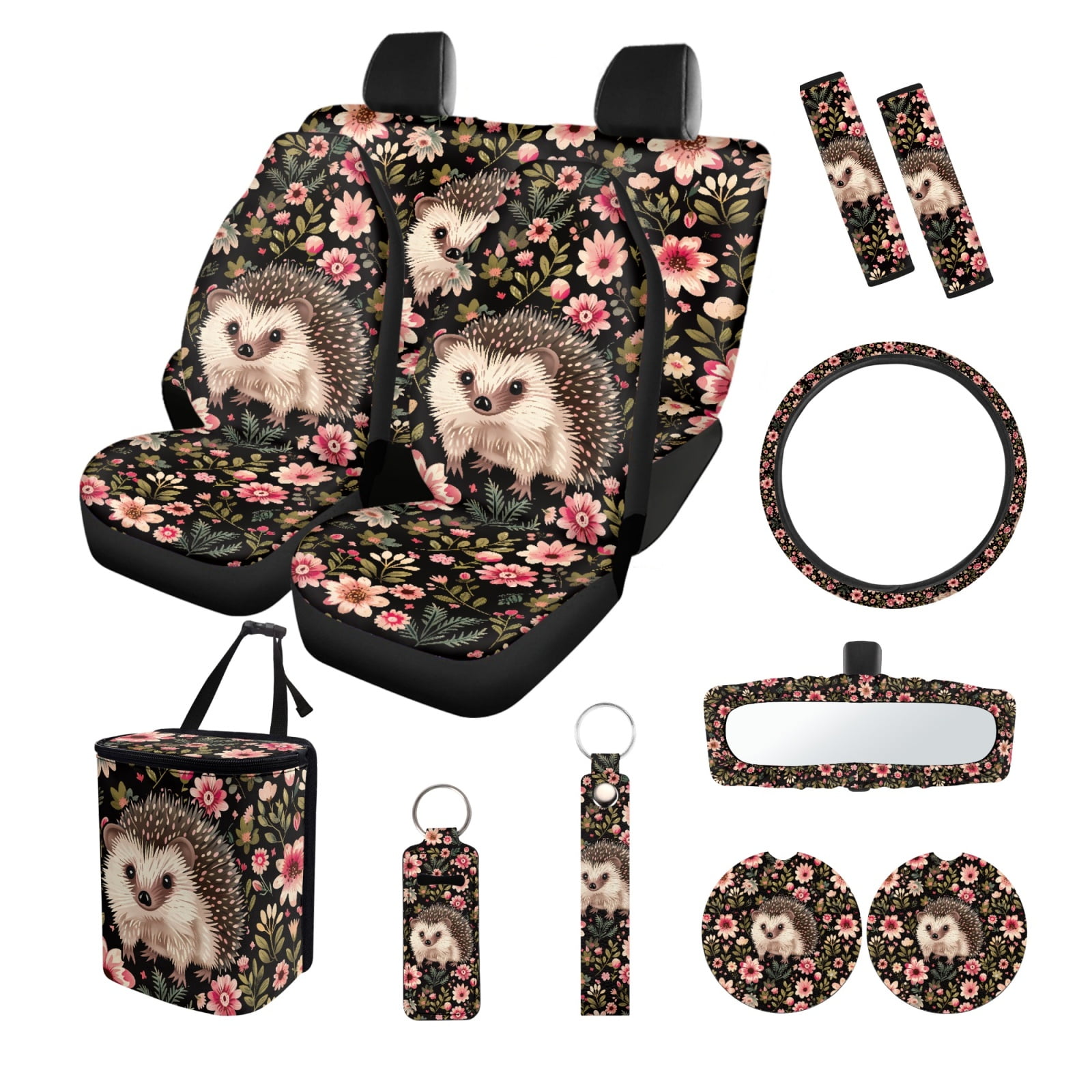 Jeiento Hedgehog Car Interior Accessories Full Set Car Seat Covers Steering Wheel Seat Belt Covers Flowers Car Trash Can Coasters Rear View Mirror Covers Keychains Lipstick Covers Set of 13