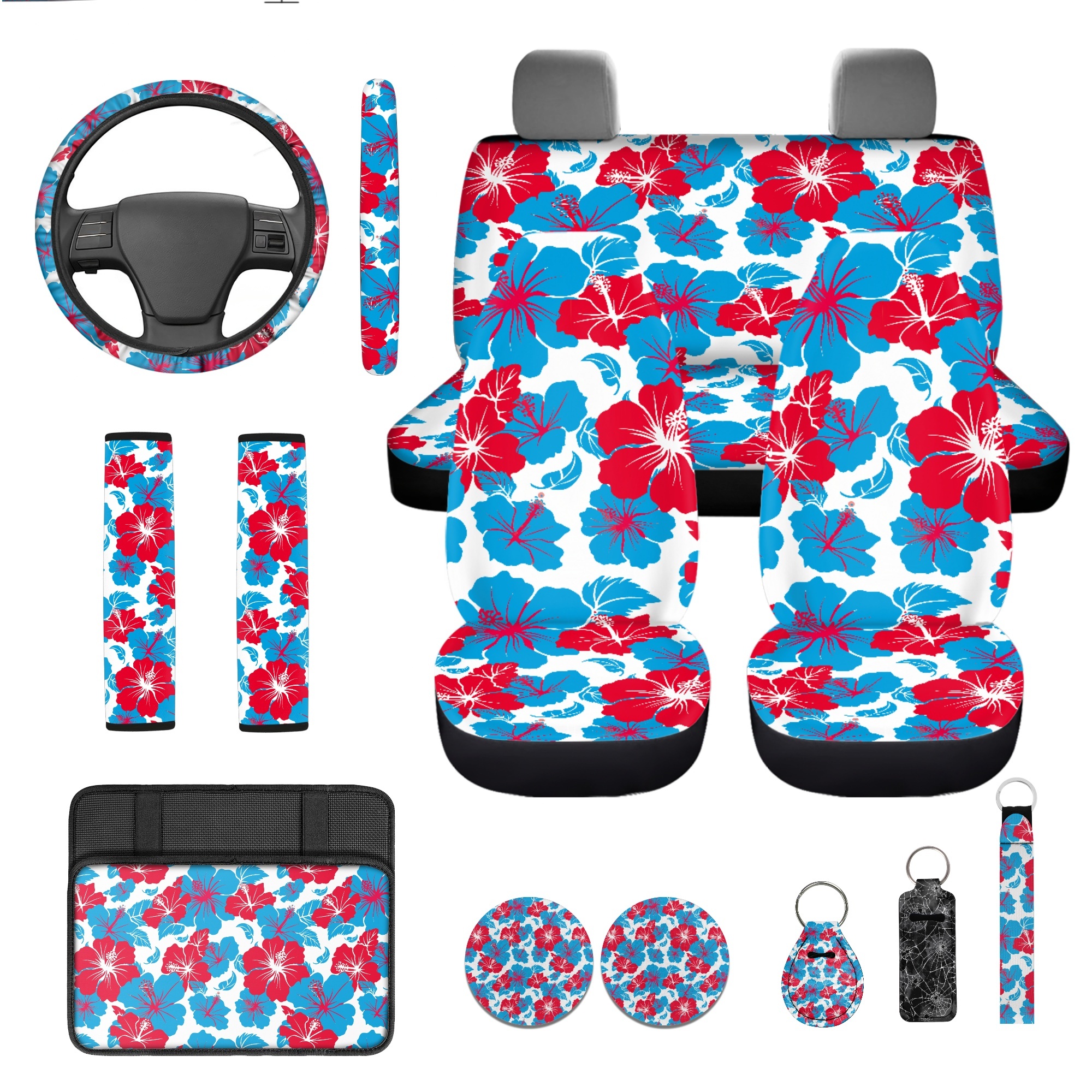 Jeiento Hibiscus Flowers Auto Seat Cover Full Set 13 PCS Car Accessories Set with Steering Wheel Cover Armrest Cover Seatbelt Shoulder Pad Cup Mat Key Ring Easy Install