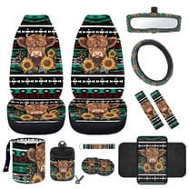 Jeiento Highland Cow 12 Pack Car Accessories with Front Seat Cover Steering Wheel Cover Aztec Seatbelt Cover Armrest Mat Trash Can Mount Pocket Cup Holder Green Rearview Mirror Cover Keychain