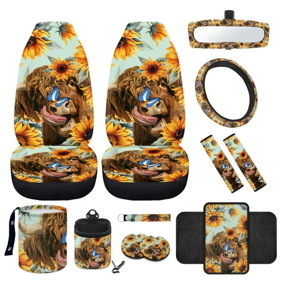 Jeiento Highland Cow 12 Pcs Front Car Seat Cover Set with Driver Seat Cover Steering Wheel Cover Seat Belt Pad Armrest Cover Coasters Sunflower Trash Bag Air Vent Bag Rearview Mirror Cover Keychain
