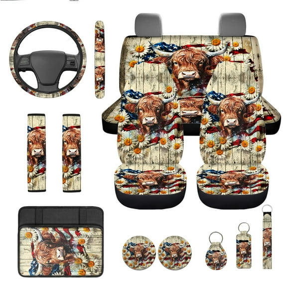 Jeiento Highland Cow 13 PCS Car Seat Cover Set American Flag Steering Wheel Cover Daisy Seat Belt Strap Pads Cup Coasters Armrest Cover Pad Key Ring for SUV Truck Van Sedan