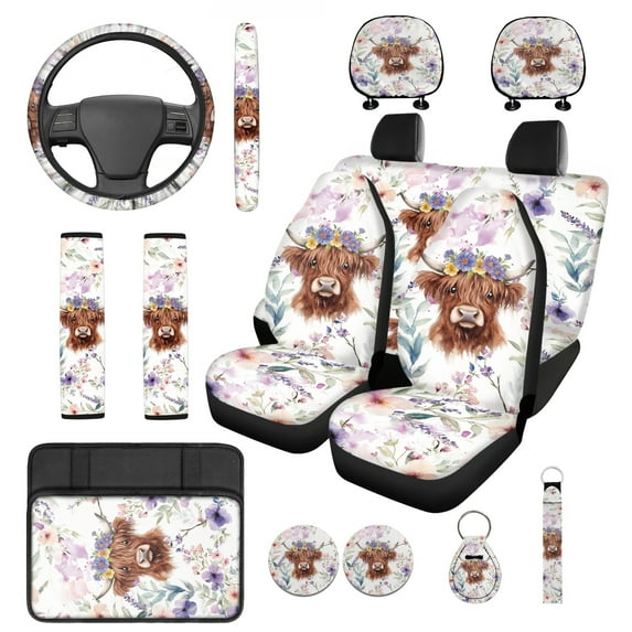Jeiento Highland Cow 14 PCS Car Seat Cover Full Set with Steering Wheel Cover Center Console Cover Seat Belt Cover Headrest Covers Coaster Interior Auto Accessory Universal Fit