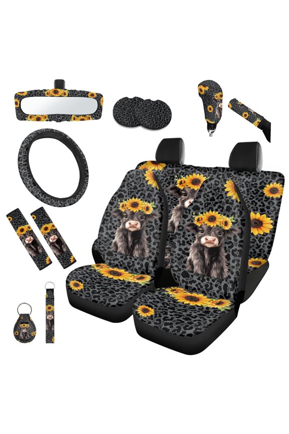 Highland Cow 14 PCS Car Seat Covers Set with Leopard Print Steering Wheel Cover Sunset Seat Belt Covers American Flag Handbrake Cover Set Rear View Mirror Cover Coasters Keychain