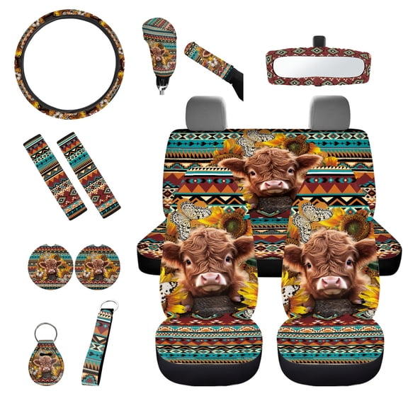 Jeiento Highland Cow 14 Pcs Car Seat Cover Accessory Full Set, Neoprene Steering Wheel Cover Mirror Cover Gear Shift Knob Handbreak Cushion Coaster Southwest Aztec Keychain