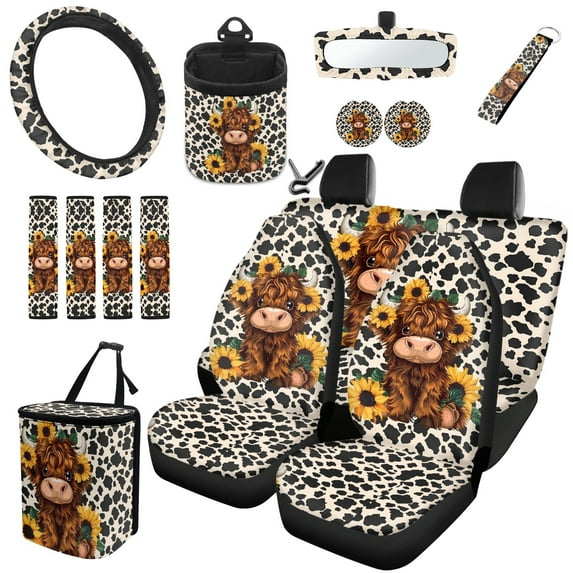 Jeiento Highland Cow 15 Piece Car Seat Covers Full Set Sunflower Car Steering Wheel Cover Auto Safe Belt Pads Cow Print Cup Coasters Garbage Can Rear View Mirror Cover Keychains Car Vent Organizer