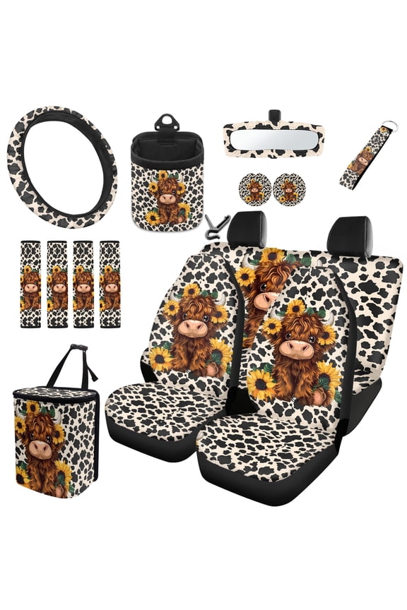 Highland Cow 15 Piece Car Seat Covers Full Set Sunflower Car Steering Wheel Cover Auto Safe Belt Pads Cow Print Cup Coasters Garbage Can Rear View Mirror Cover Keychains Car Vent Organizer