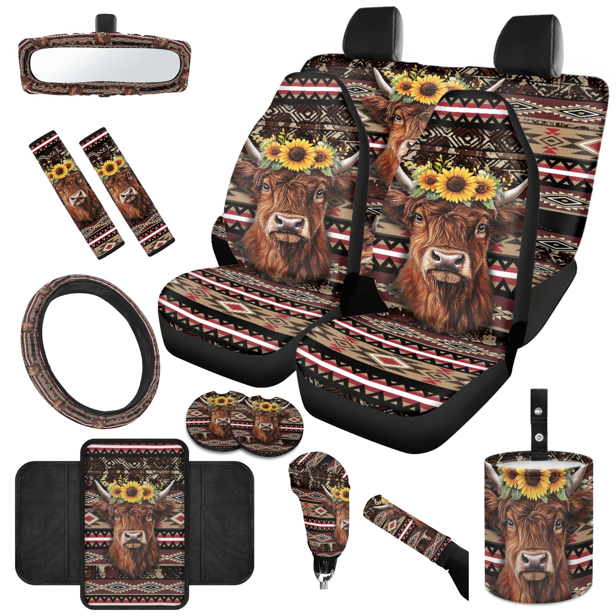 Jeiento Highland Cow Auto Accessories Set 14 Pcs Car Seat Cover Protector Steering Wheel Cover Seat Belt Covers Armrest Cushion Aztec Trash Can Rearview Mirror Protector Handbrake Cover Set Coasters