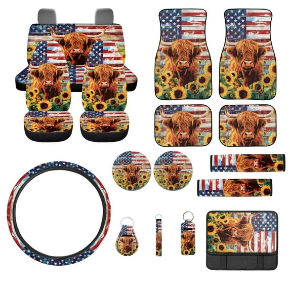 Jeiento Highland Cow Auto Accessories Set of 17 Car Floor Mats American Flag Steering Wheel Cover Armrest Cushion Seatbelt Covers Coasters Keychains Lip Gloss Holder for Truck SUV Gifts for Men Women