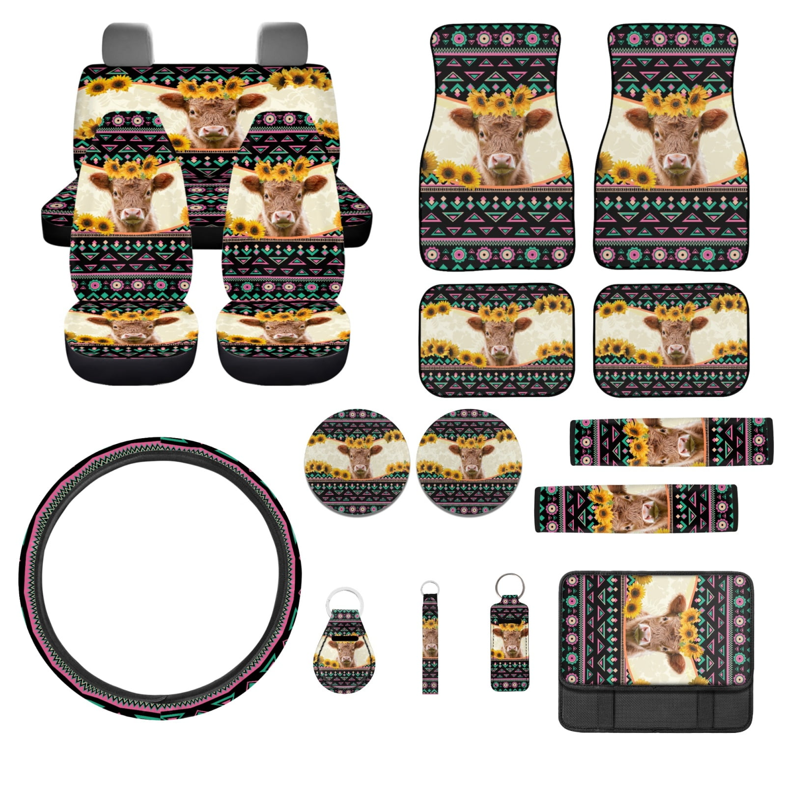 Jeiento Highland Cow Auto Accessories Set Car Seat Cover Protector Car Floor Mats Steering Wheel Cover Seatbelt Shoulder Pad Armrest Cover Coasters Lipstick Holder Keychains 17 PCS Aztec Car Decor