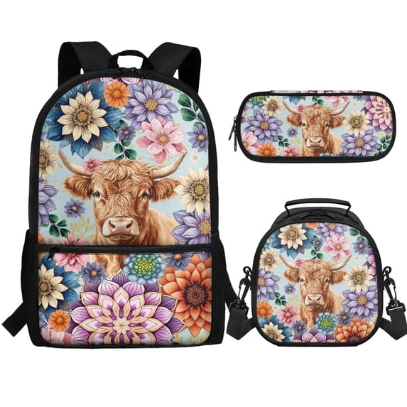Jeiento Highland Cow Backpack with Lunch Box Set for Girls Preschool School Bags Dahlia Bookbag and Lunch Bag Pencil Case 3 In 1 Elementary Middle School Bag Satchel