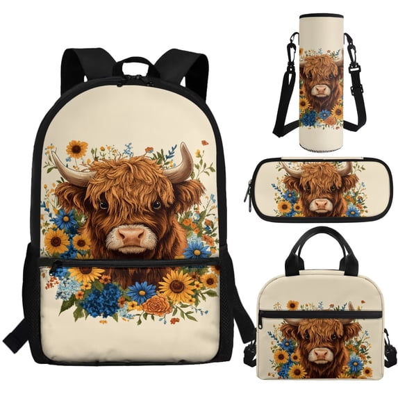Jeiento Highland Cow Backpack for School Girls 5th/6th Grade Kids Boys School Bag Set 4Pcs Elementary School Bookbag with Lunch Box and Pencil Case Water Bottle Carrier Sunflower Schoolbag Beige