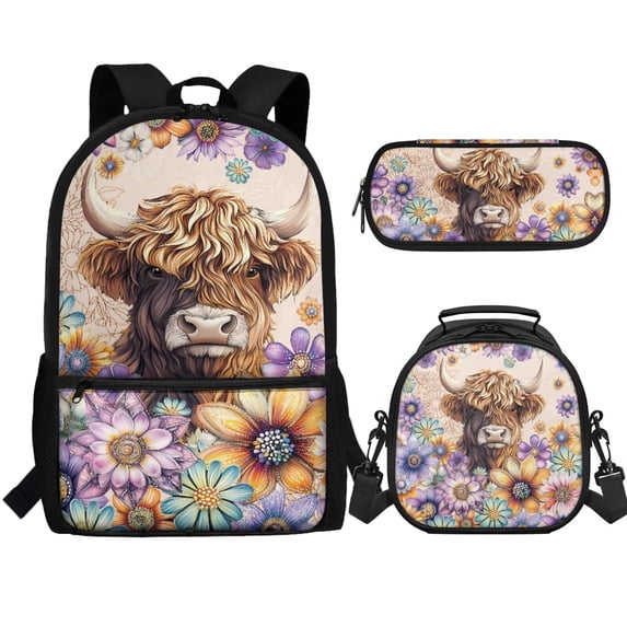 Jeiento Highland Cow Backpack for Teen Girls Middle School Bag and Lunch Bag Pencil Case Set 3 In 1 Dahlia Elementary School Bookbag Rucksack for Kids Child Daypack Satchel