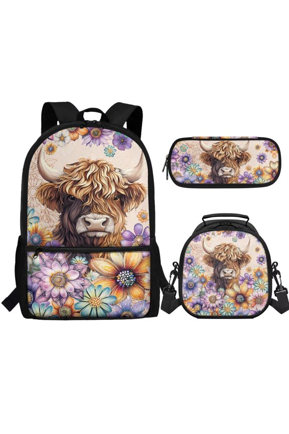 Highland Cow Backpack for Teen Girls Middle School Bag and Lunch Bag Pencil Case Set 3 In 1 Dahlia Elementary School Bookbag Rucksack for Kids Child Daypack Satchel