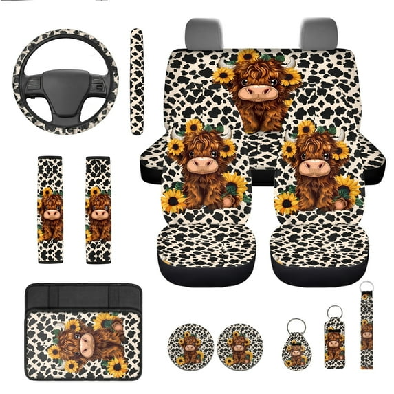 Jeiento Highland Cow Car Accessories 13pcs Car Seat Covers and Steering Wheel Cover Sunflower Seat Belt Pad Cover Auto Armrest Cover Cushion Keychain Cup Holders
