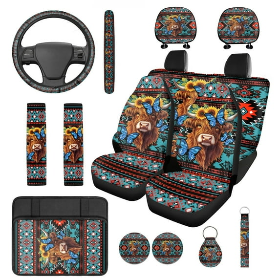 Jeiento Highland Cow Car Accessories 14pcs Car Seat Covers and Steering Wheel Cover Seat Belt Pad Cover Southwest Aztec Auto Armrest Cover Cushion Headrest Covers Keychain Cup Holders